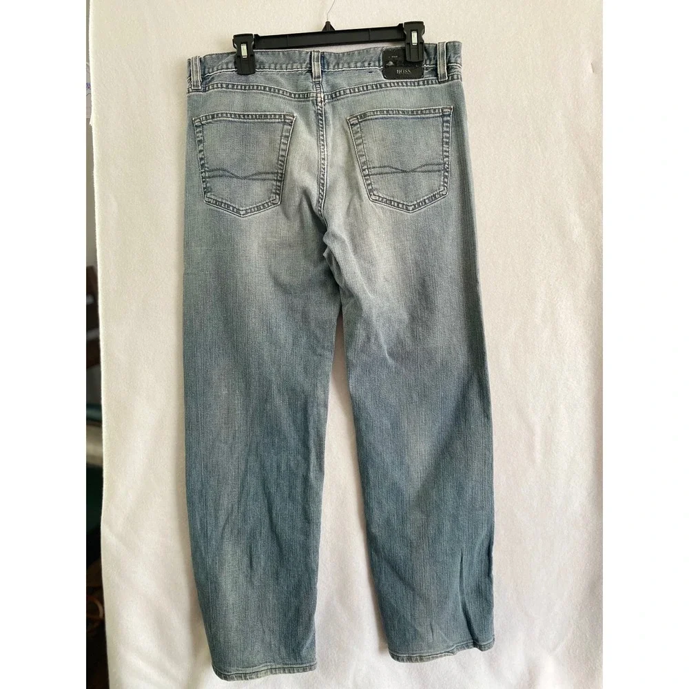 Hugo Boss Texas Jeans Mens 36/34 Light Blue Stretch Straight Leg Distressed